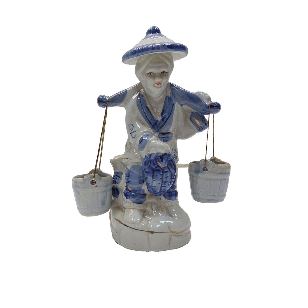 Vintage Chinese Porcelain Blue White Fisherman‎ Figurine Water Buckets and Fish